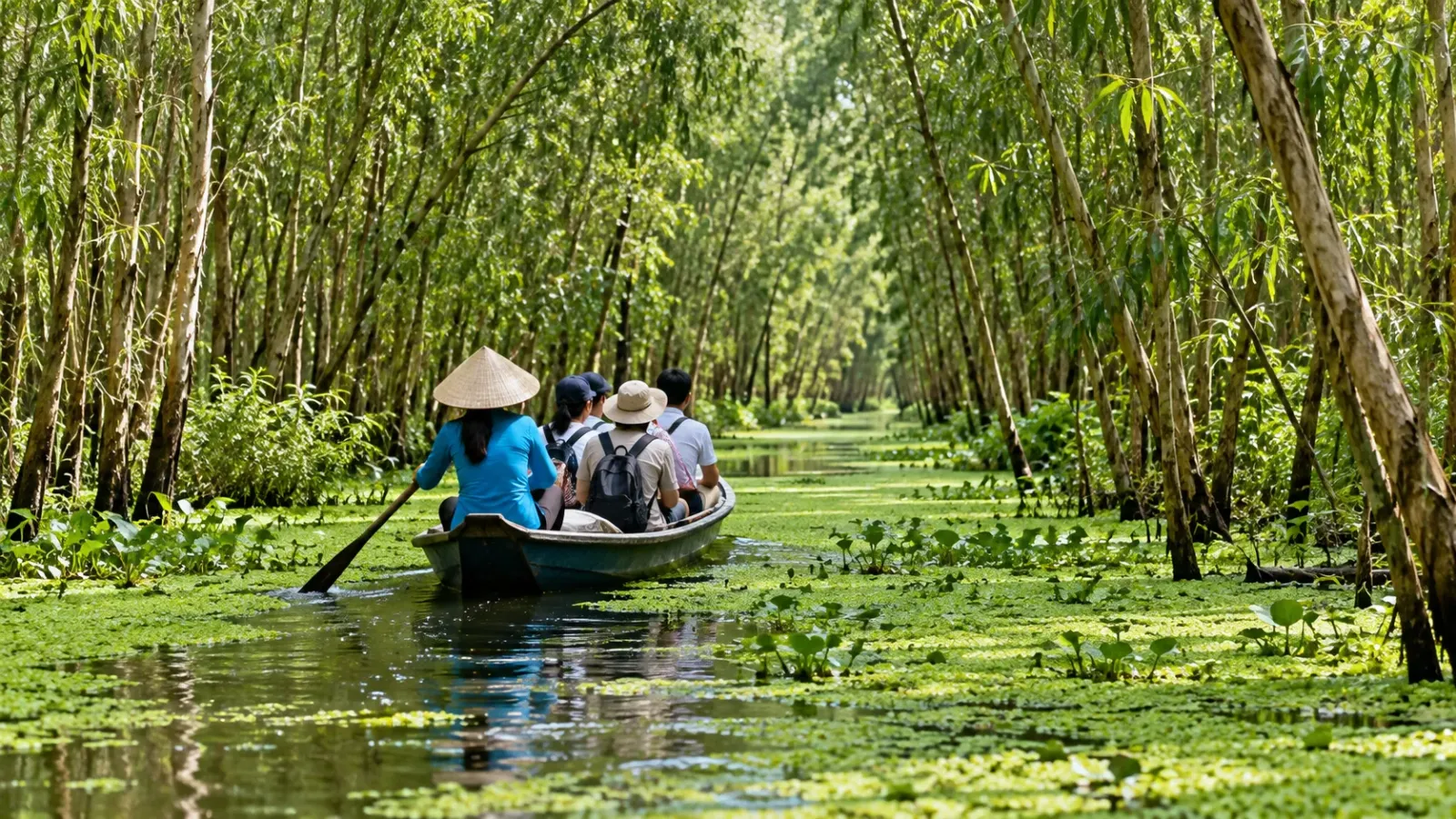 Xuồng chở du khách di chuyển trên mặt nước giữa những mảng rừng tràm xanh tại Trà Sư An Giang
