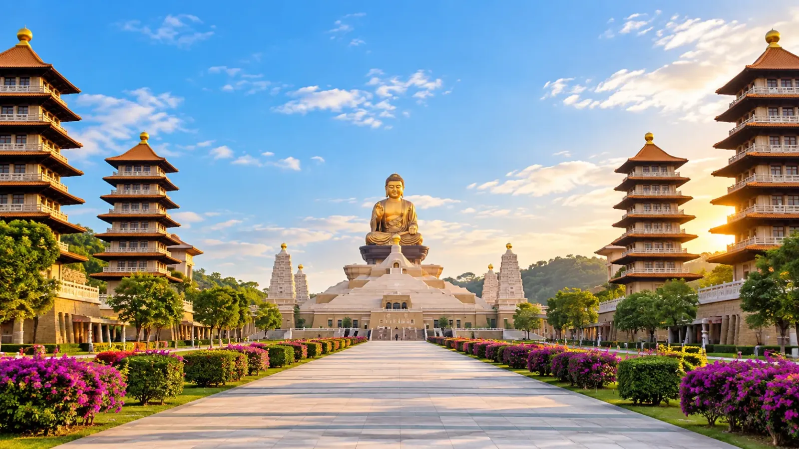 Quần thể Phật Quang Sơn với tượng Phật lớn và các bảo tháp tại Cao Hùng