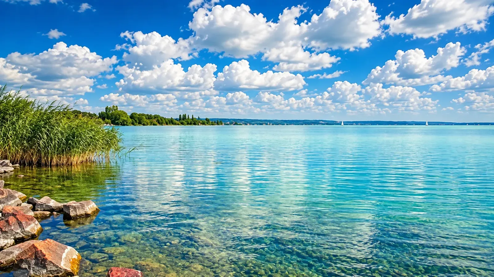 Hồ Balaton tại Hungary vào mùa hè nhìn từ khu vực ven hồ