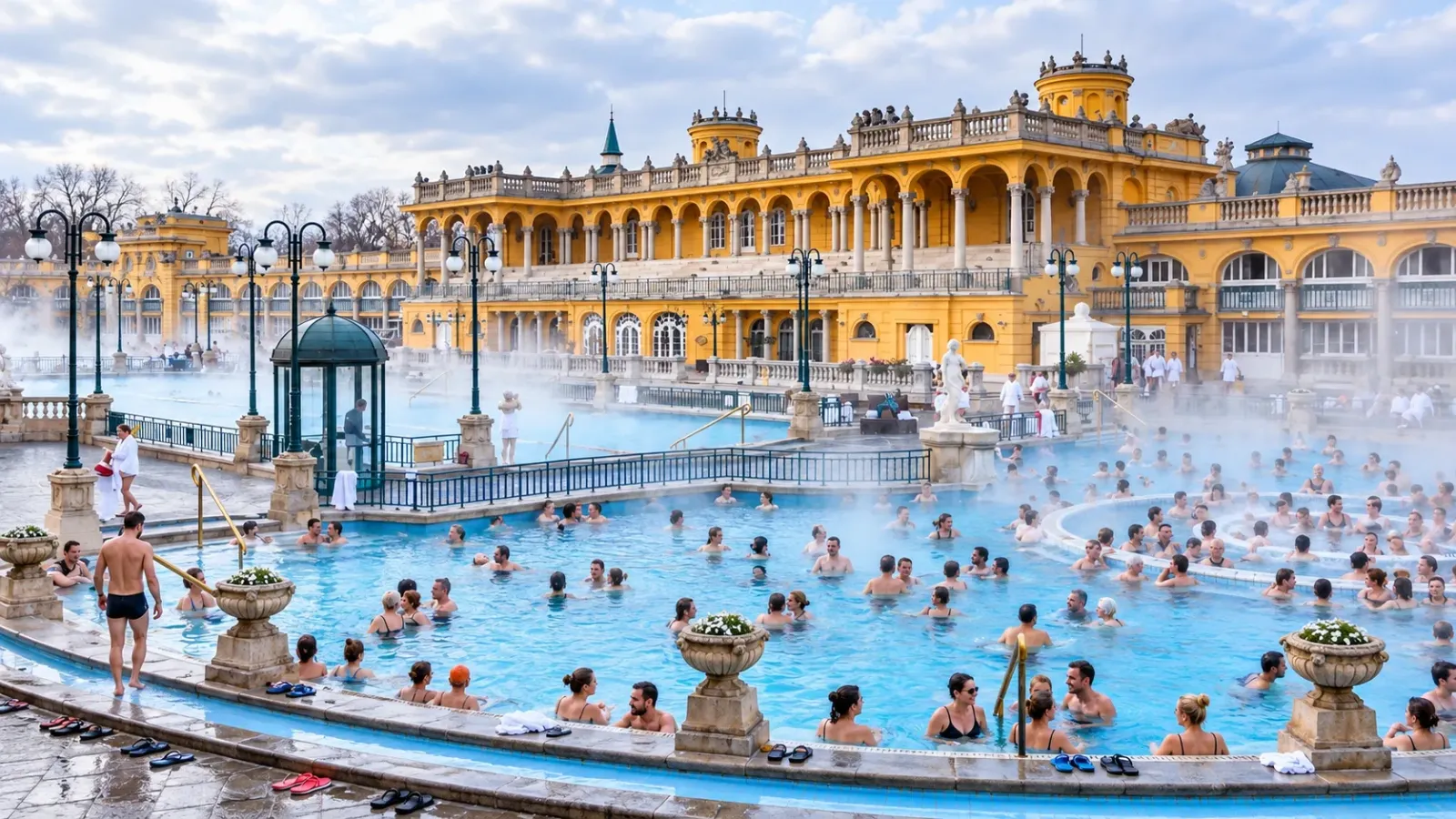 Hồ tắm khoáng ngoài trời tại Szechenyi Thermal Bath Budapest