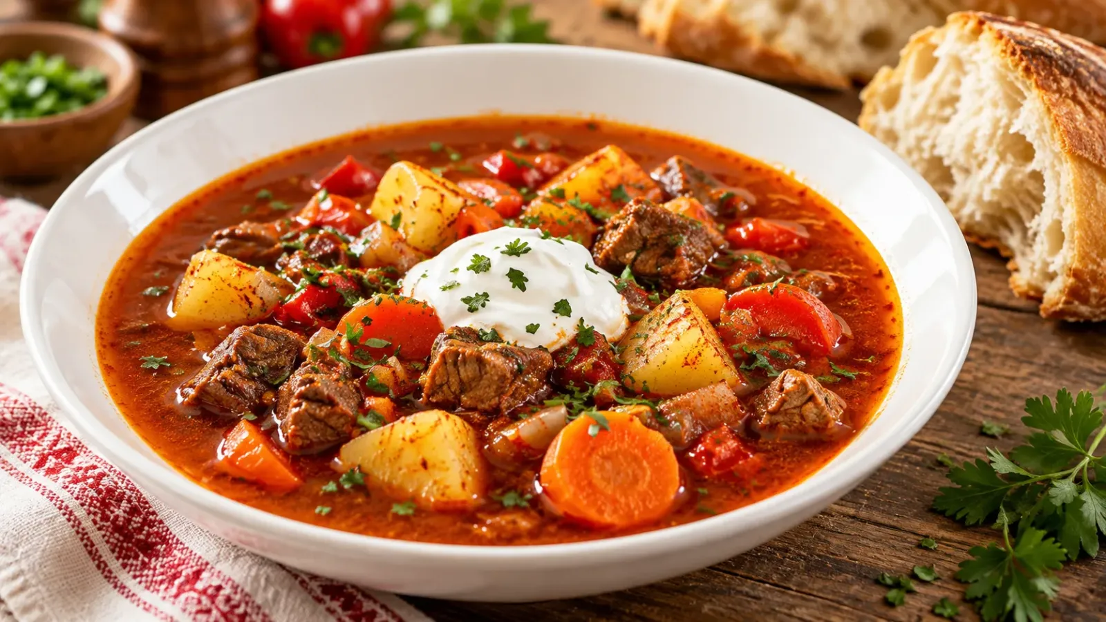 Món gulyas truyền thống Hungary với thịt bò rau củ và paprika