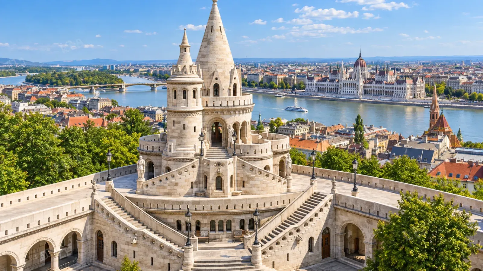 Pháo đài Ngư Phủ nhìn ra sông Danube và Tòa nhà Quốc hội Hungary
