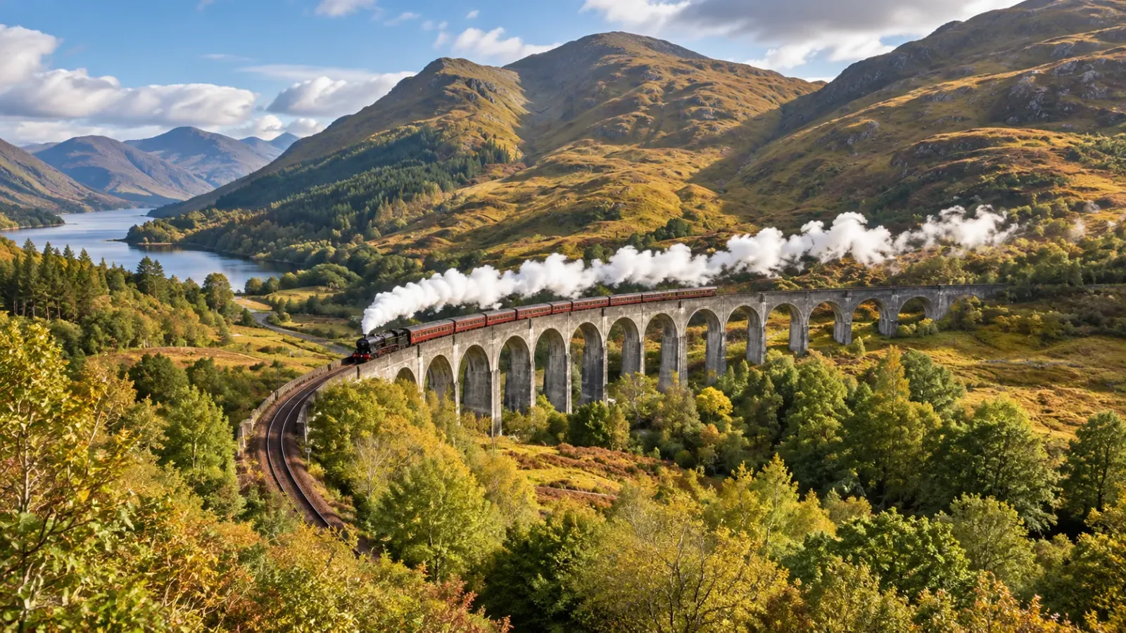 Glenfinnan Viaduct với đoàn tàu chạy qua cầu cạn