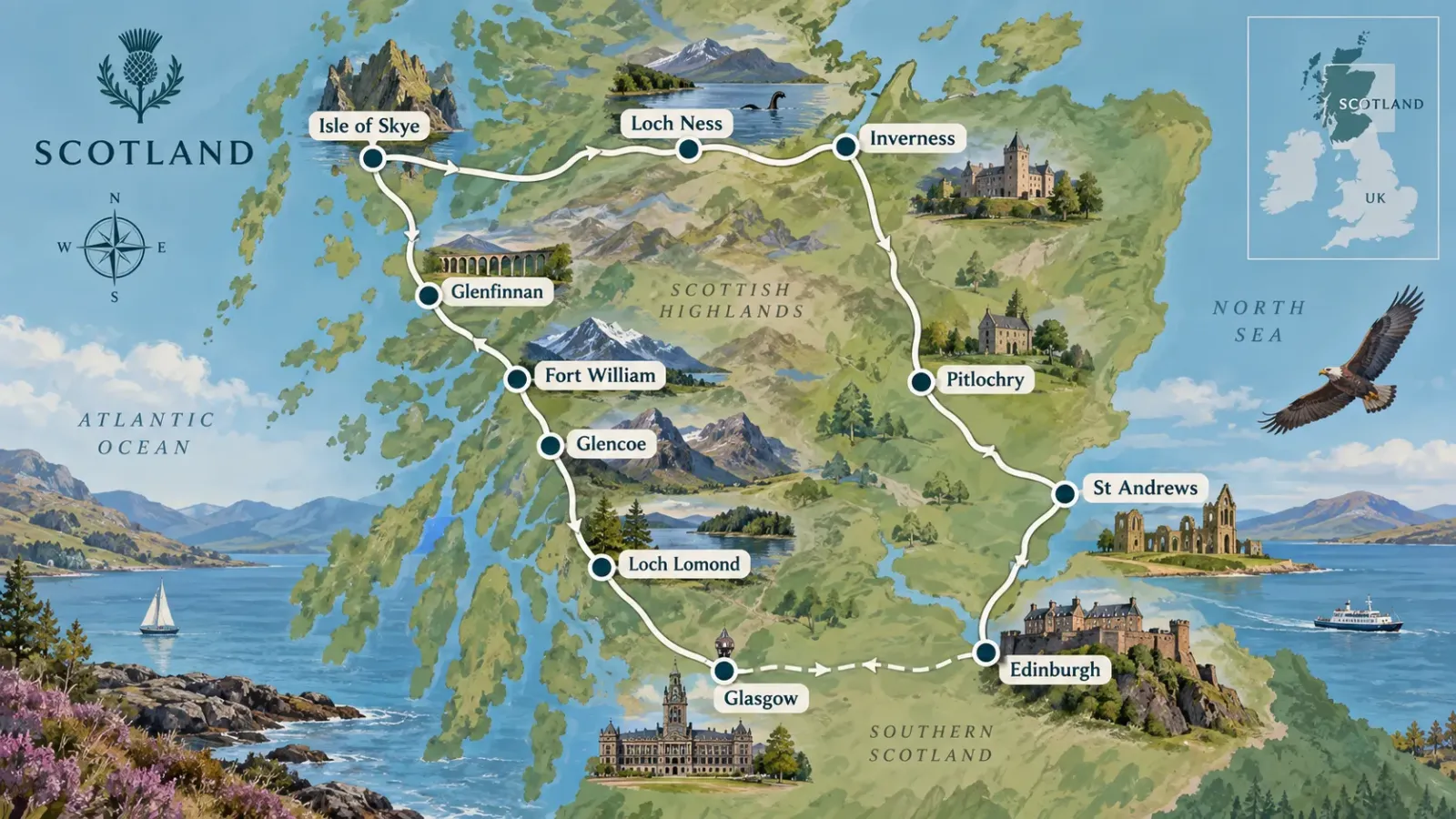 Sơ đồ tuyến Edinburgh Highlands Isle of Skye và Glencoe trong 7 ngày