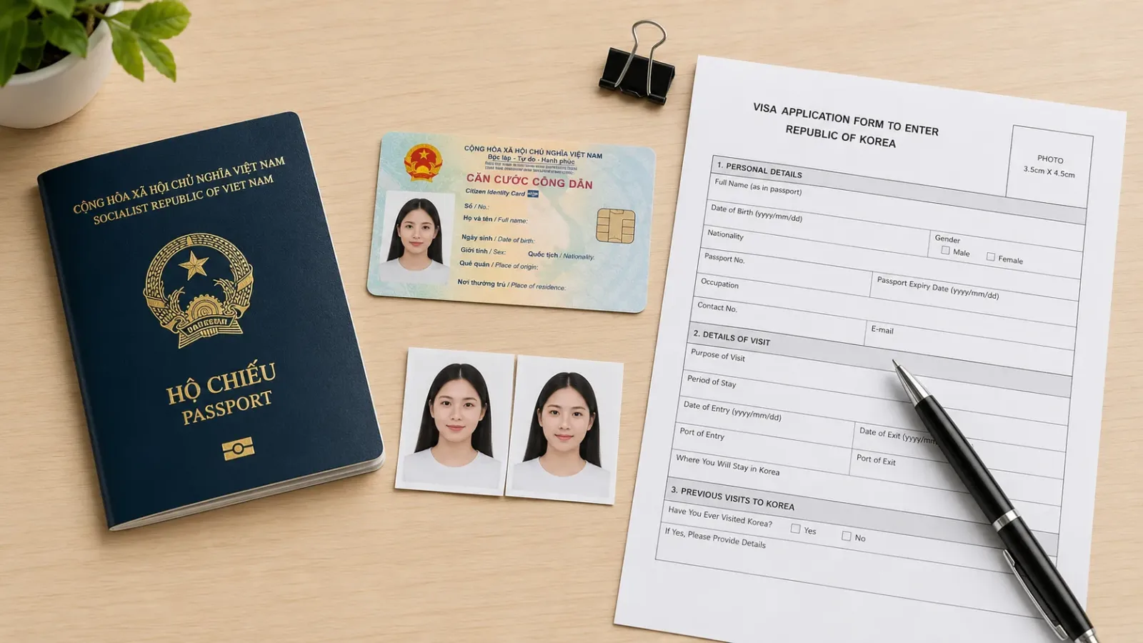 Hồ sơ giấy tờ cá nhân xin visa Hàn Quốc gồm hộ chiếu và ảnh thẻ