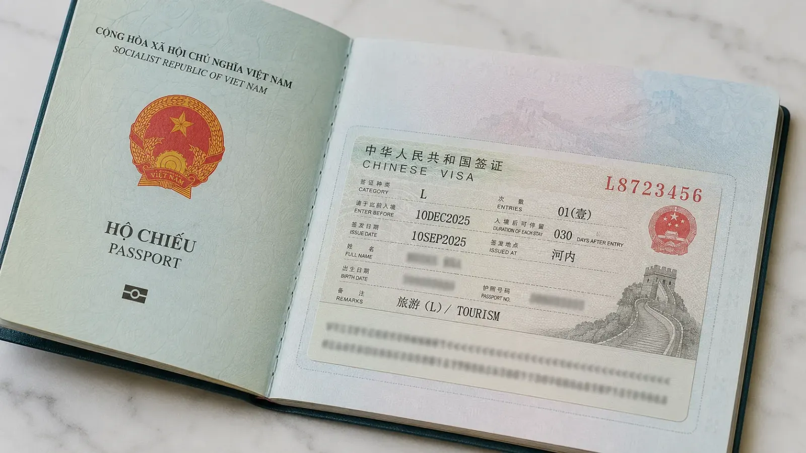 Visa Trung Quốc loại L dán trên hộ chiếu Việt Nam đi Tân Cương