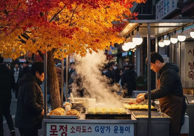 Khung cảnh đường phố Seoul rực rỡ sắc màu mùa thu, với những xe đẩy bán đồ ăn vặt hấp dẫn