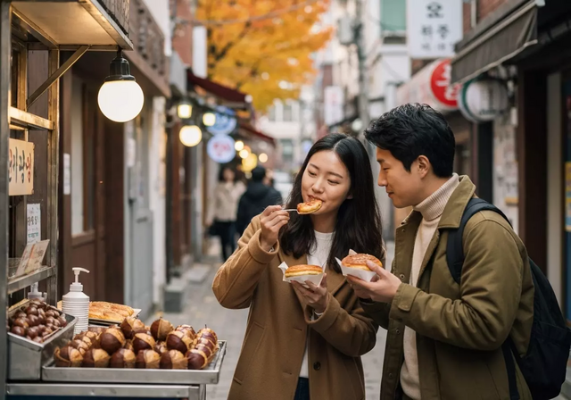 Một du khách đang thưởng thức món ăn đường phố Hàn Quốc trong không khí mùa thu