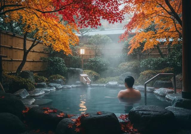 Một con đường lát đá cổ kính với hàng cây lá đỏ rực rỡ ở Nhật Bản
