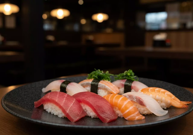Món sushi và sashimi tươi ngon được bày trí đẹp mắt trên đĩa, thể hiện sự tinh tế của ẩm thực Nhật Bản.