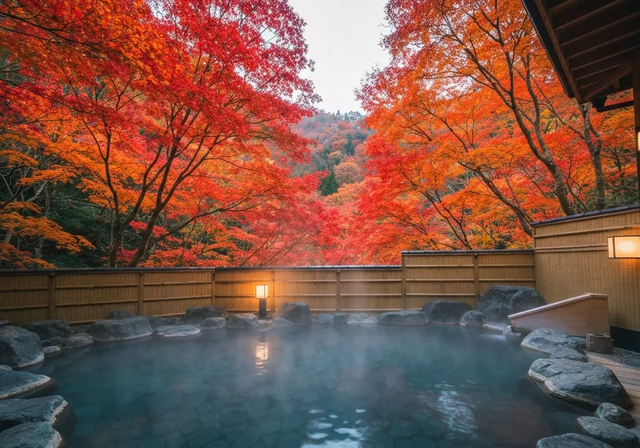 Khung cảnh suối nước nóng Onsen giữa rừng lá đỏ mùa thu