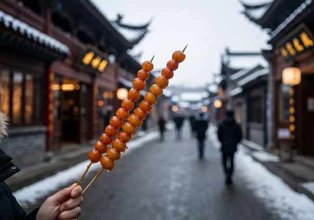 Món đường hồ lô với trái cây phủ đường bóng bẩy