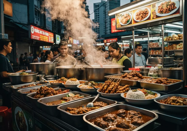 Một đĩa Nasi Lemak truyền thống với cơm dừa, sambal, cá cơm chiên giòn và trứng luộc