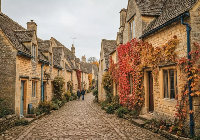 Một con đường làng cổ kính ở Cotswolds với những ngôi nhà đá ong và cây cối chuyển màu vàng óng