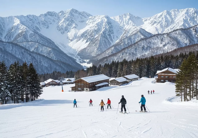 Khung cảnh trượt tuyết tại Hakuba Valley với dãy Alps Nhật Bản hùng vĩ