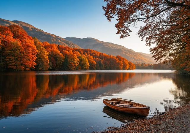 Cảnh quan mùa thu rực rỡ tại Lake District với hồ nước và cây cối lá vàng