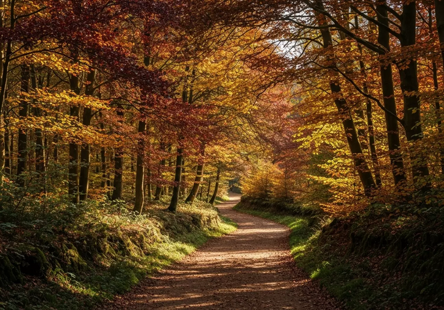 Khu rừng Forest of Dean mùa thu với cây cối lá vàng rực rỡ