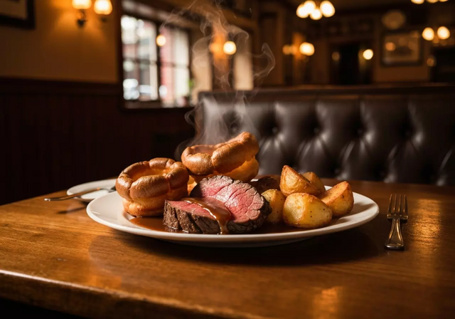 Bàn ăn Sunday Roast thịnh soạn với thịt nướng, rau củ và bánh Yorkshire pudding.