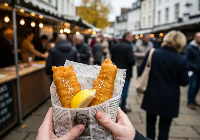 Món Fish & Chips nóng hổi được gói trong giấy báo truyền thống.