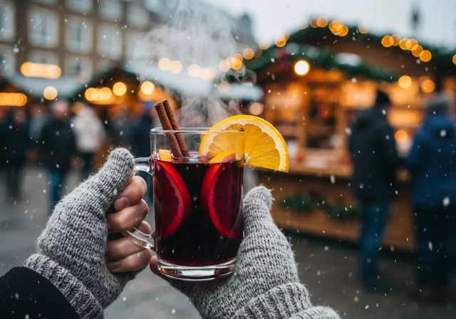 Ly Mulled Wine nóng hổi với các loại gia vị quế và cam.