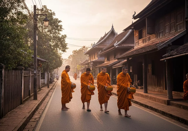 cố đô Luang Prabang - Lào , nổi tiếng với nghi lễ khất thực