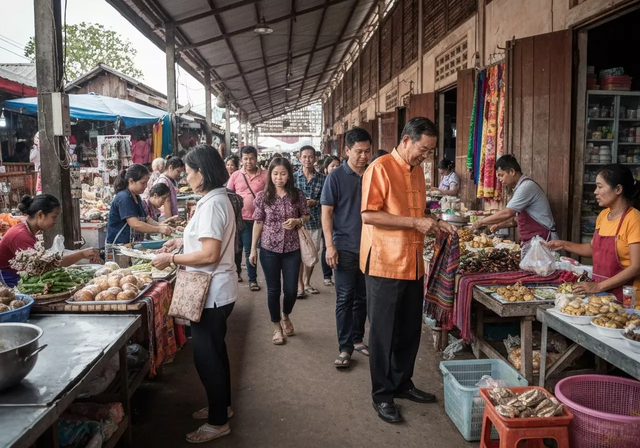 Một góc chợ đêm Luang Prabang với các món ăn đường phố hấp dẫn