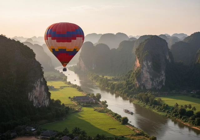 Khinh khí cầu bay trên bầu trời Vang Vieng, Lào