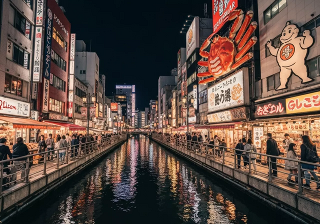Khu Dotonbori rực rỡ ánh đèn neon về đêm ở Osaka