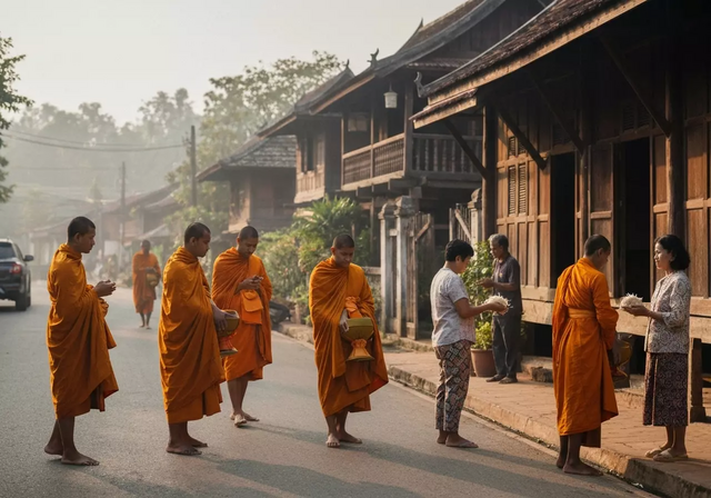 Các nhà sư đi khất thực trong buổi sớm ở Luang Prabang