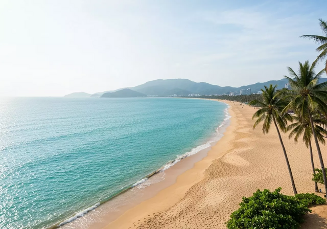 Bãi biển Nha Trang với bờ cát trắng và nước biển trong xanh