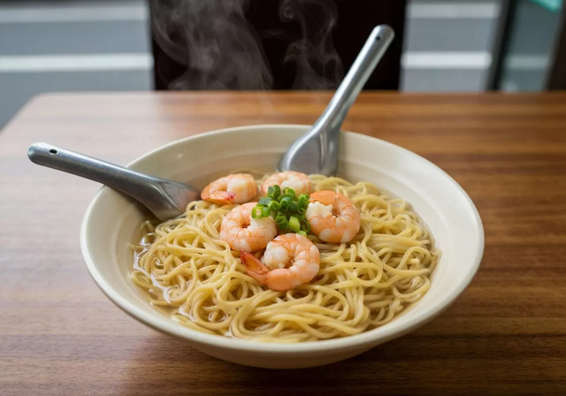 Bát mì hoành thánh nóng hổi với tôm tươi