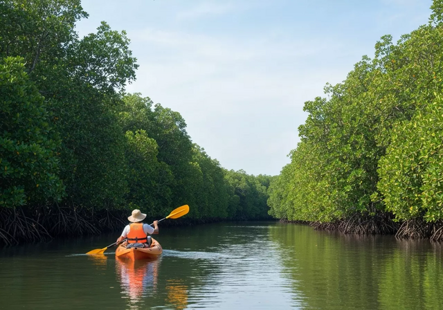 Một chiếc thuyền kayak đang lướt trên mặt nước êm đềm giữa rừng đước