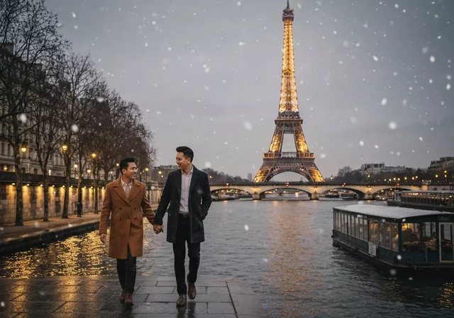 Khung cảnh lãng mạn của Paris vào mùa đông với Tháp Eiffel và cây cầu Seine