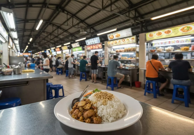 Toàn cảnh một khu ẩm thực đường phố (hawker centre) sôi động ở Singapore
