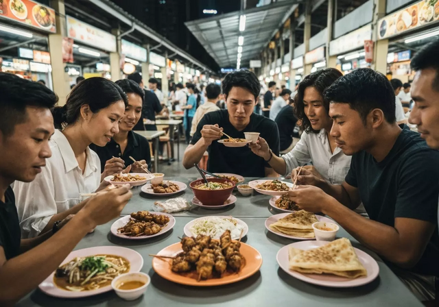 Một quầy hàng bán các món ăn truyền thống trong khu chợ ở Singapore