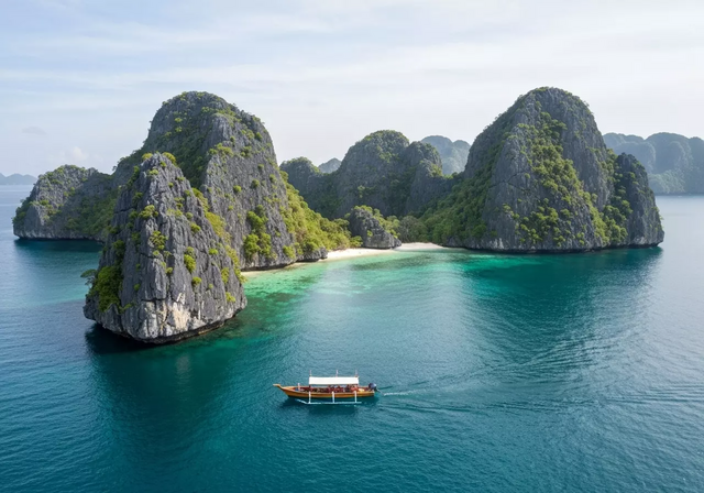 Cảnh quan quần đảo Raja Ampat với những hòn đảo đá vôi xanh và thuyền kayak