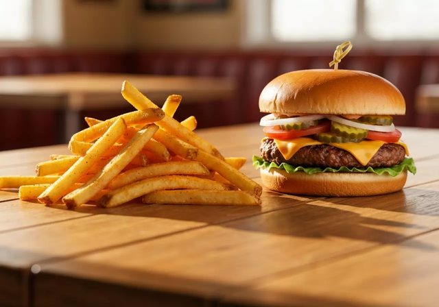 đĩa cheeseburger (bánh mì kẹp phô mai) và khoai tây chiên kiểu Mỹ.