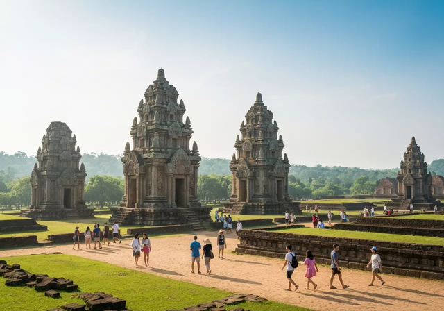 Khung cảnh sinh động của Tháp Bà Ponagar với ánh sáng tự nhiên rực rỡ ban ngày, người dân địa phương và du khách hoà mình trong không gian văn hoá đặc trưng của các tháp Chăm cổ