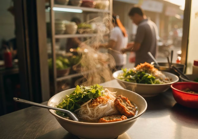 Một tô bún chả cá nóng hổi với chả cá dai ngon và rau sống tươi xanh, đặt trên bàn gỗ trong một quán ăn địa phương ở Nha Trang vào buổi sáng sớm