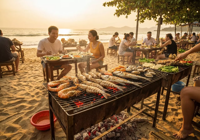 Cảnh tượng hải sản tươi sống đang được nướng trên bếp than hồng tại một nhà hàng ven biển Nha Trang, ánh nắng hoàng hôn vàng rực, không khí sôi động và hấp dẫn