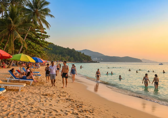 Cảnh quan tuyệt đẹp của bãi biển Nha Trang vào buổi hoàng hôn với ánh sáng vàng rực rỡ, bầu trời trong xanh và du khách đang tận hưởng không gian yên bình.