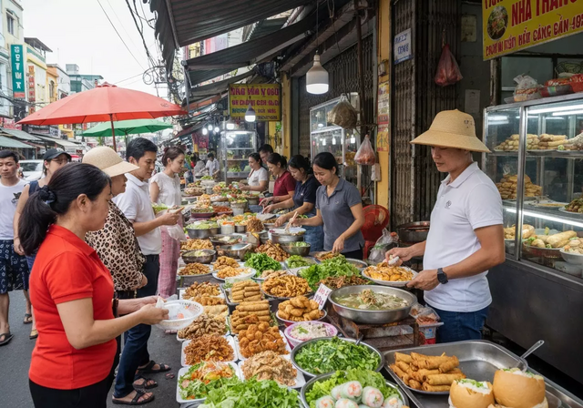 Khung cảnh sinh động của khu chợ ẩm thực đường phố Nha Trang với ánh sáng tự nhiên rực rỡ ban ngày, người dân địa phương và du khách hoà mình trong không gian văn hoá đặc trưng.