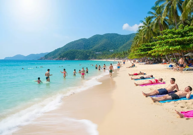 Cảnh du khách tận hưởng ngày nắng đẹp tại bãi biển Nha Trang với nước biển xanh trong, cát trắng, hàng dừa xanh mát, mọi người đang bơi lội và thư giãn trong ánh sáng tự nhiên rực rỡ
