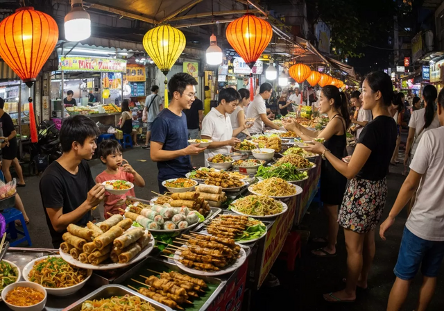 Cảnh tượng ẩm thực đường phố Nha Trang sống động vào buổi tối, khu chợ nhộn nhịp với nhiều món ăn địa phương hấp dẫn được trưng bày, mọi người đang thưởng thức đồ ăn dưới ánh đèn lồng ấm áp, tạo nên một không khí vui tươi, náo nhiệt.