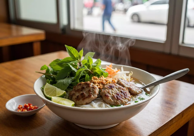 Cận cảnh tô Bún Chả Cá Nha Trang nóng hổi, đầy ắp chả cá, rau thơm tươi xanh và chanh ớt, đặt trên bàn gỗ đơn sơ tại một quán ăn địa phương, dưới ánh sáng ban ngày rực rỡ, mang đậm nét ẩm thực chân thực của thành phố biển.