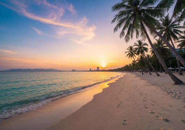 Cảnh quan bãi biển Nha Trang tuyệt đẹp vào buổi hoàng hôn với làn nước biển xanh ngọc bích êm đềm, bãi cát trắng mịn, hàng dừa xanh mát và ánh nắng vàng ấm áp, tạo nên một không gian yên bình