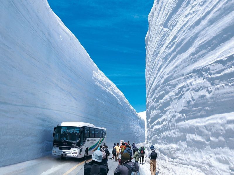 Du khách trải nghiệm đi bộ trên con đường tuyết Tateyama Kurobe Alpine