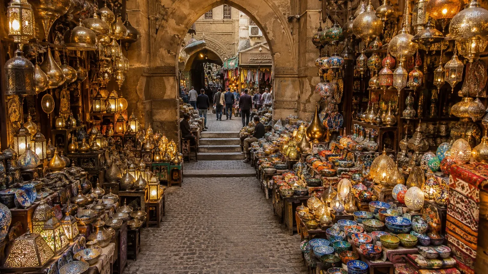 Các cửa hàng đồ thủ công và đèn trang trí tại chợ Khan el-Khalili Cairo