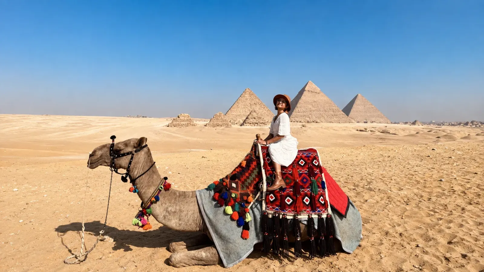 Du khách cưỡi lạc đà trước kim tự tháp Giza tại Ai Cập