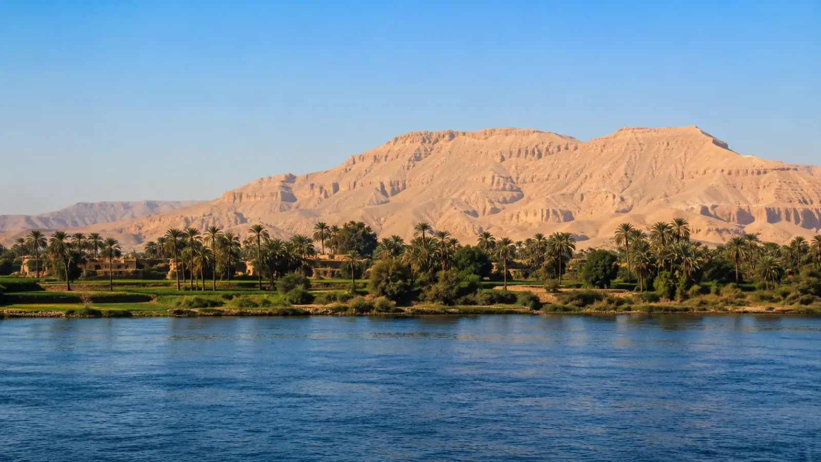 Phong cảnh sông Nile với cây xanh và sa mạc tại Ai Cập